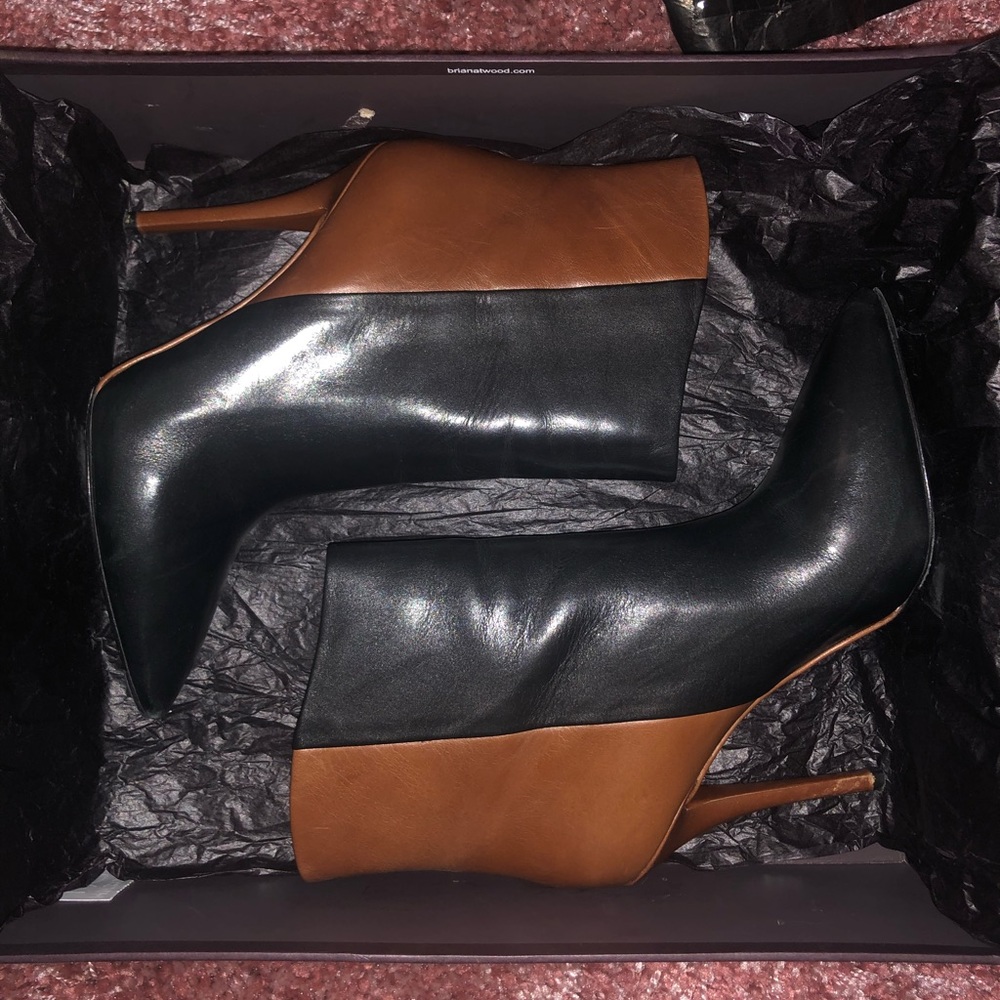 Brian Atwood leather black and brown bootie